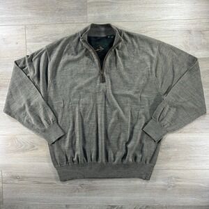 Orvis XL Merino Wool Quarter-Zip Light Green Sweater Leather Trim Long Sleeve**